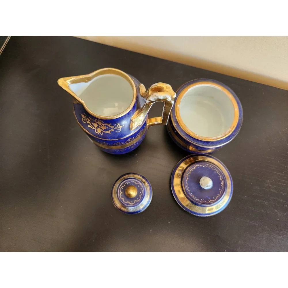 Antique Meissan Cobalt Gold‎ Grand Pictorial Romantic Couple Creamer + Sugar Set